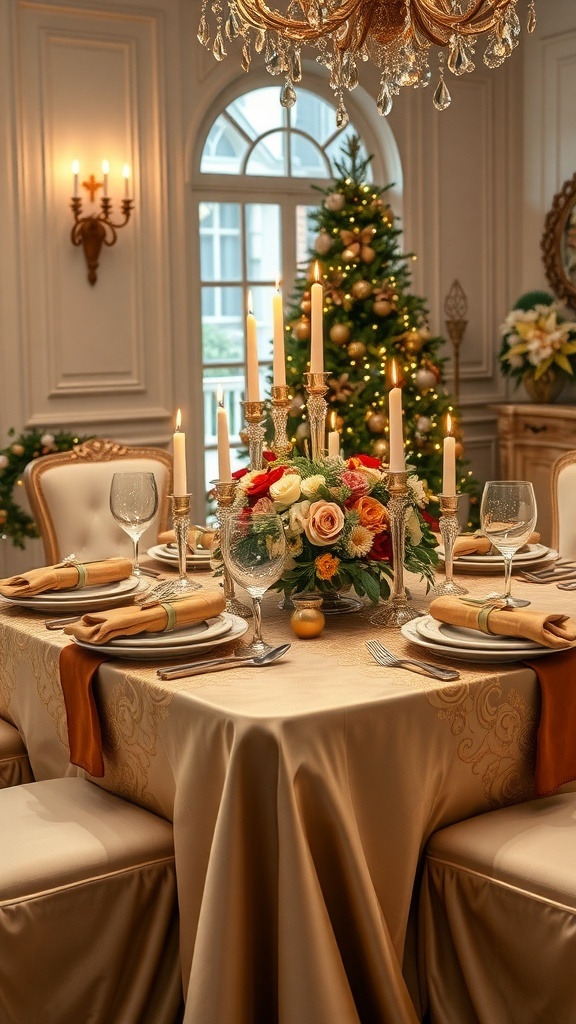 An elegant Christmas table setting with fine china, crystal glassware, and a festive centerpiece.